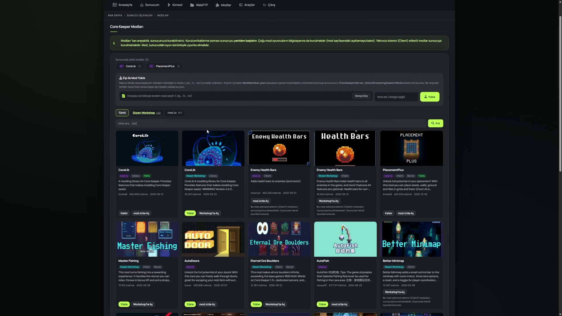 Core Keeper panelinde mod.io ve Steam Atölyesi'nden tek tıkla mod kurulumu